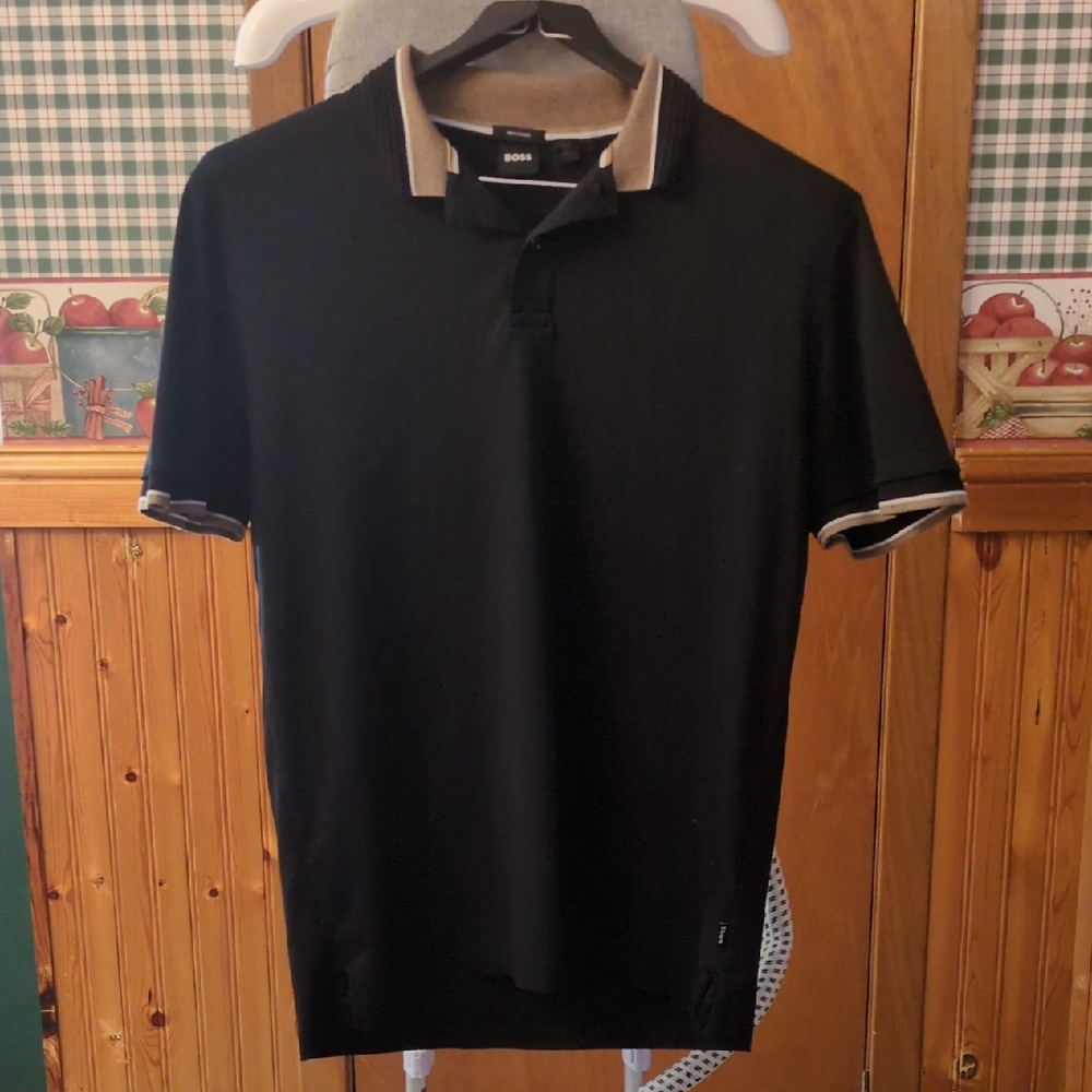 Boss Men's Polo Mercerised Shirt with Black and Tan Accents